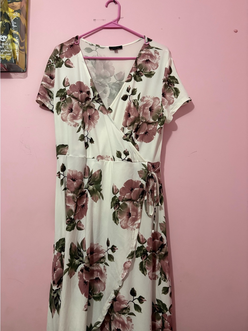 Eclipse White Floral Wrap Dress with Pink and Green Accents